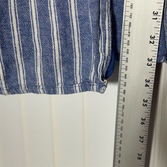 Old Navy Linen Blend Wrap Dress Blue White Stripe Puff Sleeve Size Large Lined - Picture 3 of 7